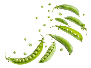 Fresh snow peas scattered on transparency background create vibrant display of green, showcasing their crisp texture and natural beauty