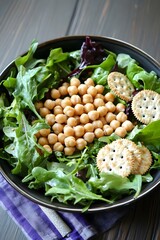 Chickpea salad with mixed greens and crackers