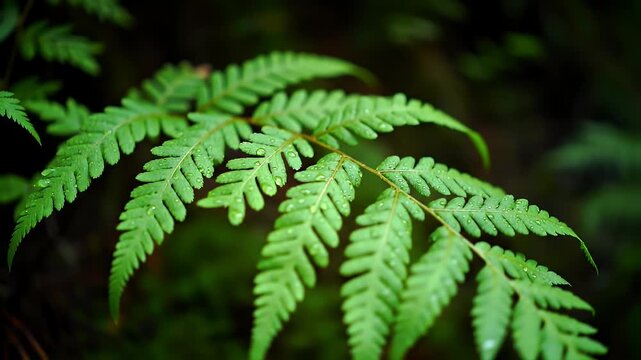 Close Up of a Vibrant Green Fern Leaf with Water Droplets in a Lush Forest Setting Natural Light Showcasing Intricate Details and Textures