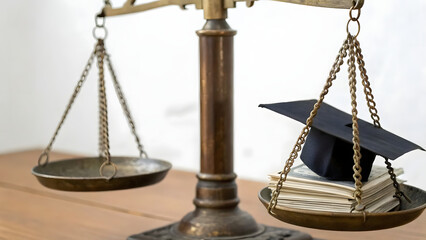 College Savings Strategy A balance scale with a graduation cap and documents symbolizes education and justice.