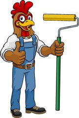 A chicken or rooster painter decorator handyman cartoon construction man mascot character holding a paint roller tool