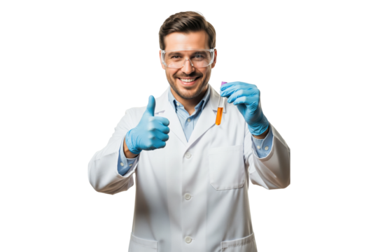 Smiling scientist in lab coat and safety goggles giving a thumbs up with a test tube