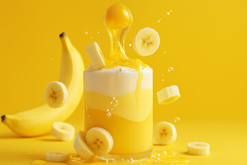 A vibrant banana smoothie swirled with yogurt, dripping honey, and floating slices—pure tropical delight in every golden drop.