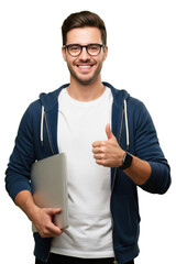 Happy young man with laptop and smartwatch giving a thumbs up