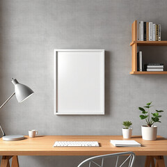 frame mockup for home office modern desk workspace design with iso a4 paper size in Scandinavian style featuring concrete wall background and bookshelves ideal for interior decor and art display