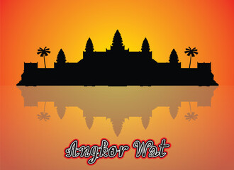 Line art vector front entrance view of Angkor Wat temple complex city in twilight background