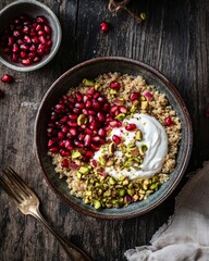fluffy quinoa in bowl with ruby-red pomegranate seeds, crushed pistachios, and creamy natural yogurt on dark wood  background with shadow.