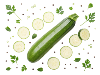 Fresh zucchini slices arranged with herbs and spices create vibrant display perfect for healthy cooking