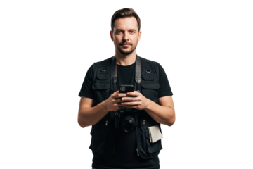 Serious male photographer in a photo vest holding a smartphone and camera