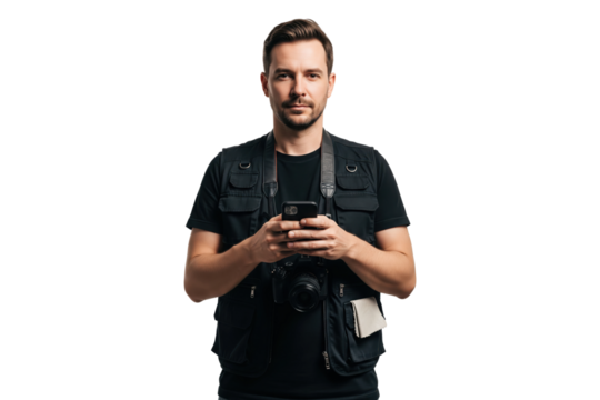 Serious male photographer in a photo vest holding a smartphone and camera