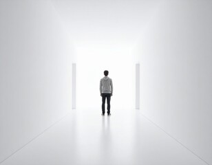 Man Standing at Crossroads Facing Bright Path　明るい道を前にする分岐点に立つ男性
