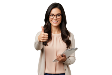 Smiling woman in glasses holding a notebook and giving a thumbs up
