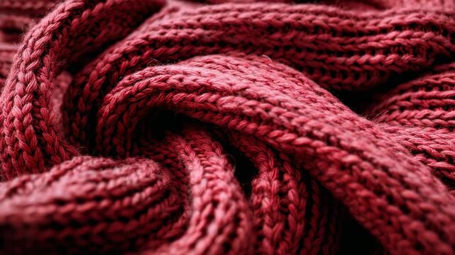 Warm red knitted fabric showcases detailed patterns and textures, perfect for cozy winter fashion and home decor