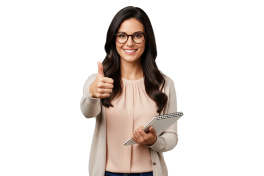 Smiling woman in glasses holding a notebook and giving a thumbs up - Powered by Adobe