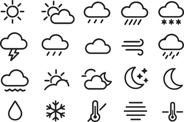 Weather icons depicting sun clouds rain snow wind moon and temperature vector