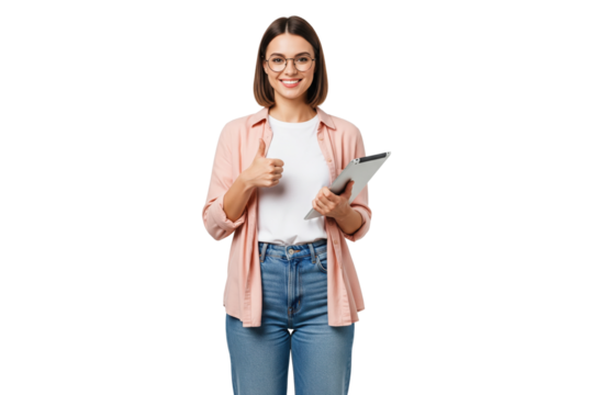 Happy young woman in glasses holding a tablet and giving a thumbs up