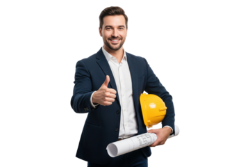 Smiling male engineer or architect in a suit giving a thumbs up, holding hard hat and blueprints