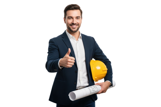 Smiling male engineer or architect in a suit giving a thumbs up, holding hard hat and blueprints
