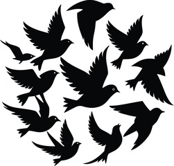 Fototapeta premium A striking vector set of flying bird silhouettes, including eagles, hawks, and doves, perfect for tattoo designs or nature illustrations