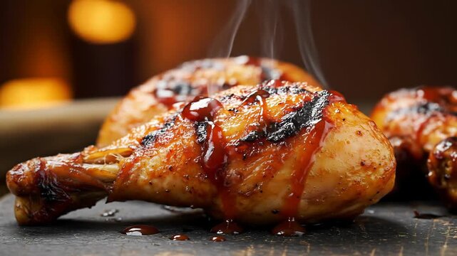 Steaming grilled chicken drumsticks with barbecue sauce dripping slowly on dark background
