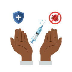 A graphic illustration shows a syringe held between two hands, with a shield and a virus symbol, representing vaccination and protection against disease.