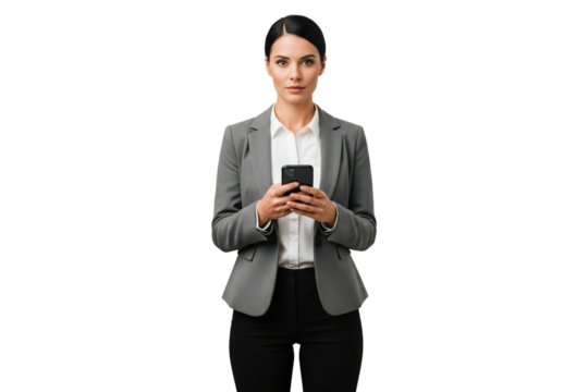 Confident businesswoman in a grey suit using her smartphone - Powered by Adobe