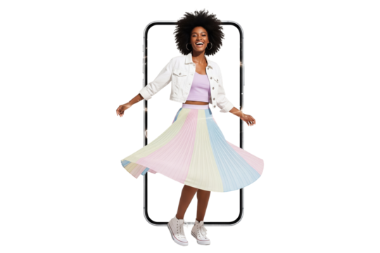 Happy woman in a colorful pleated skirt stepping out of a smartphone screen, symbolizing digital fashion