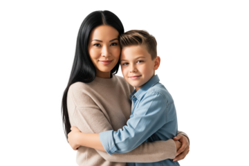 Smiling Asian mother embracing her young son, both looking at the camera