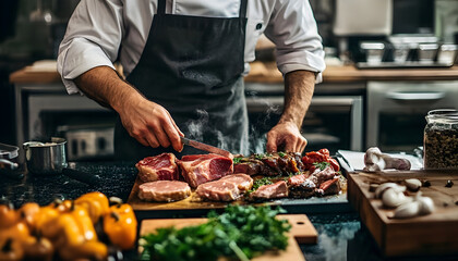 Chef cooks gourmet meats in a pro kitchen.