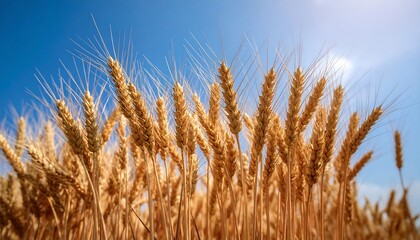Fototapeta premium Golden wheat field under a vibrant blue sky