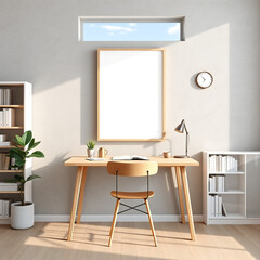 frame mockup blank canvas in home office workspace elegant desk setting inspiring scandinavian design aesthetic with concrete wall background bookshelves modern minimalist 3d render iso a4 size for ar
