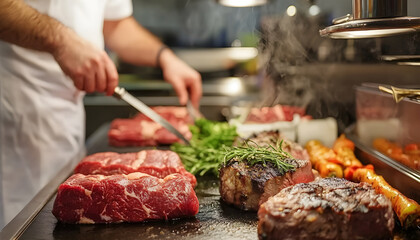 Chef cooks gourmet meats in a pro kitchen.