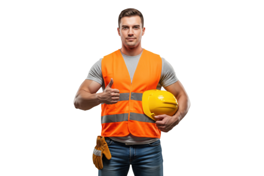 Confident construction worker in safety vest holding hard hat and giving a thumbs up