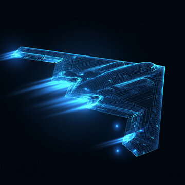 top view of B2 Spirit Stealth Bomber wireframe 3D model, black background, stylised