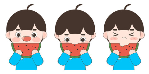 여름 일러스트. 시원한 수박 먹는 소년 일러스트. 벡터 일러스트.