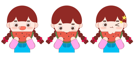 여름 일러스트. 시원한 수박 먹는 소녀 일러스트, 벡터 일러스트.
