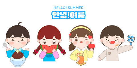 여름 일러스트. 다양한 방법으로 여름을 즐기는 어린이들 일러스트. 벡터 일러스트.