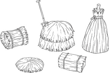 A versatile set of black and white line art illustrations featuring various hay bales and straw piles. Perfect for farm, agriculture, rural, or rustic-themed designs. © Naichoui