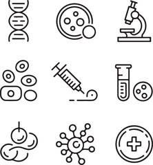 Stem Cell and Regenerative Medicine Line Icon Set DNA, Petri Dish, Cell Culture, Microscope, Injection, and Biomedical Lab Tools