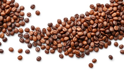Wide panoramic border of roasted coffee beans isolated on white background, ample copy space,  caffeine,  background