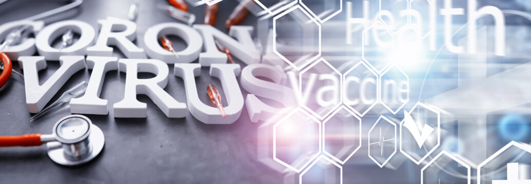 Double exposure. Medical background. Coronavirus wooden letters. Background of the deadliest pandemic virus in the world. Vaccine for the virus.