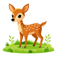 Adorable Cartoon Fawn in Grassland: Cute, Friendly, Childlike Illustration