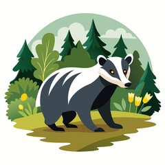 European Badger in Forest Setting: Flat Design, Serene Mood, Wildlife Illustration