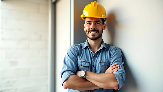 Construction Render of relaxed worker leaning against beam with hard hat slightly tilted, arms folded, ideal for portrait-style cutout