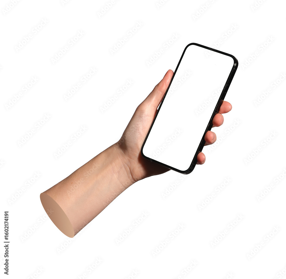 Wall mural phone held upright with empty screen. useful mockup for mobile layout testing. isolated on white