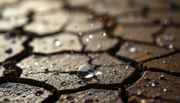 Water droplets on parched earth desert landscape close-up photography natural environment macro view climate change awareness