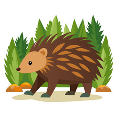 Adorable Cartoon Porcupine in Lush Green Foliage; Childlike, Playful Illustration.