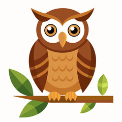 Cute Brown Owl Perched on Branch, Flat Design, Childlike Illustration, Friendly Mood, Nature Theme