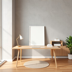 blank canvas mockup for home office stylish workspace mockup with empty frame for artwork modern Scandinavian design desk setup versatile A4 paper size realistic 3D rendering concrete wall backdrop bo