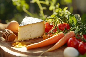 Rustic, farm-to-table scene concept. wooden board with variety  fresh farm products. creamy cheese, ripened tomatoes, carrots ,fresh eggs , bowl of honey , baked bread